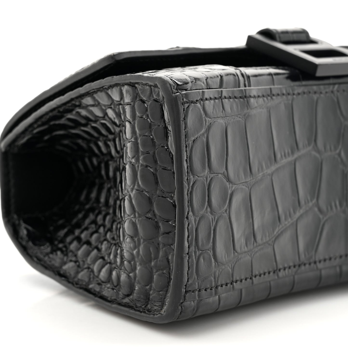 Shiny Calfskin Monochrome Crocodile Embossed Hourglass Top Handle Bag XS Black