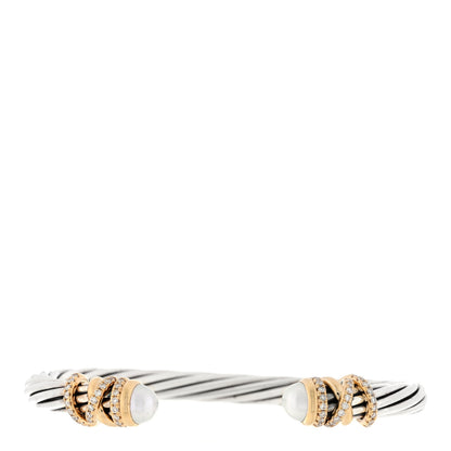 David Yurman Sterling Silver 18K Yellow Gold Diamond Pearl 6mm Helena Cuff Bracelet 1 of 3