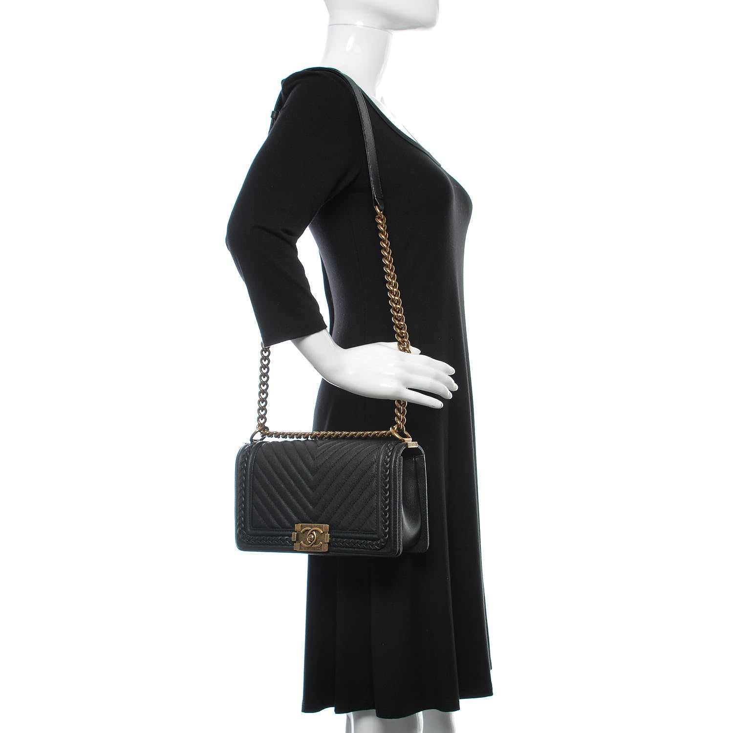 Chanel Caviar Chevron Quilted Braided Medium Boy Flap Black 2 of 9