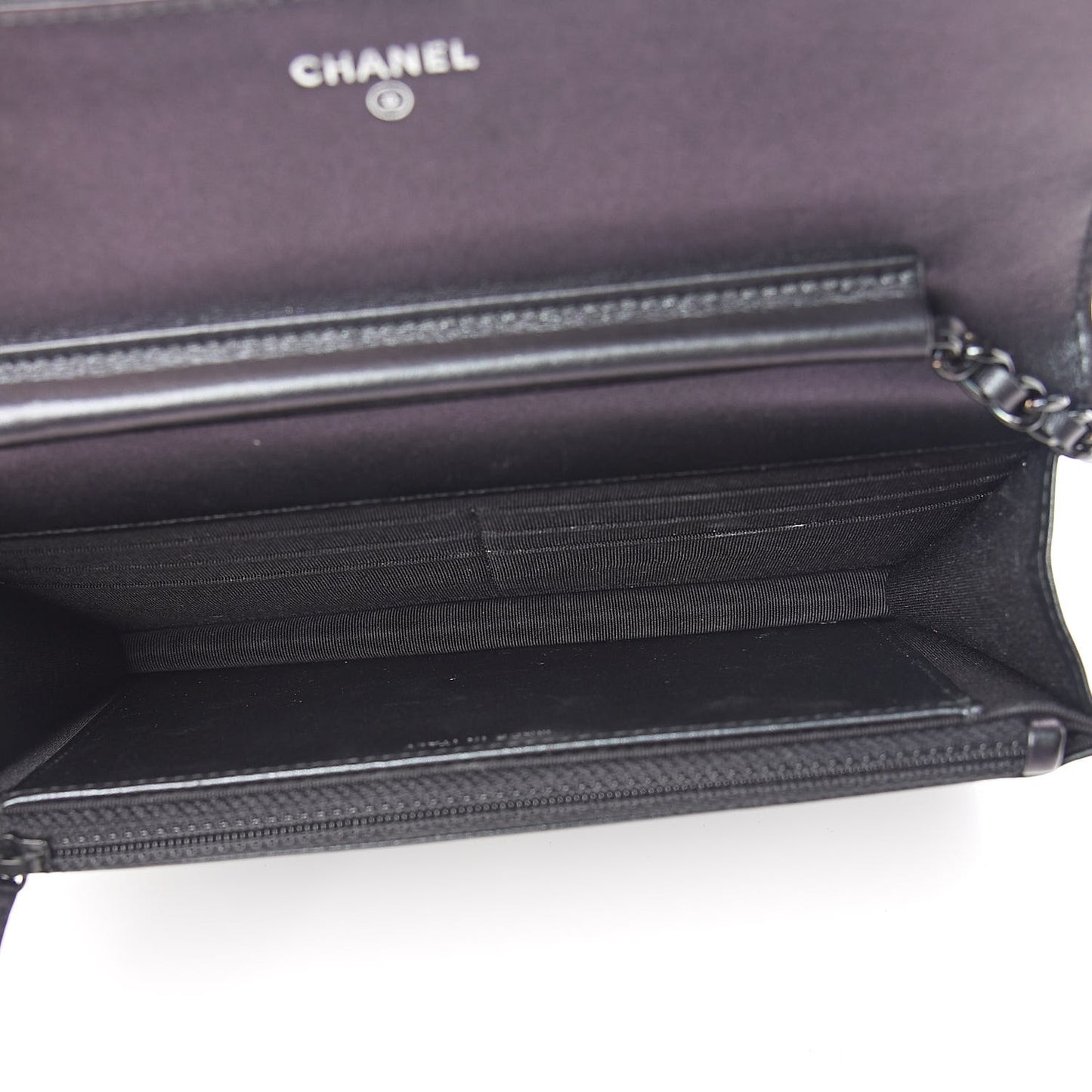 Patent Metallic Crumpled Calfskin Chevron Quilted Wallet On Chain WOC Black