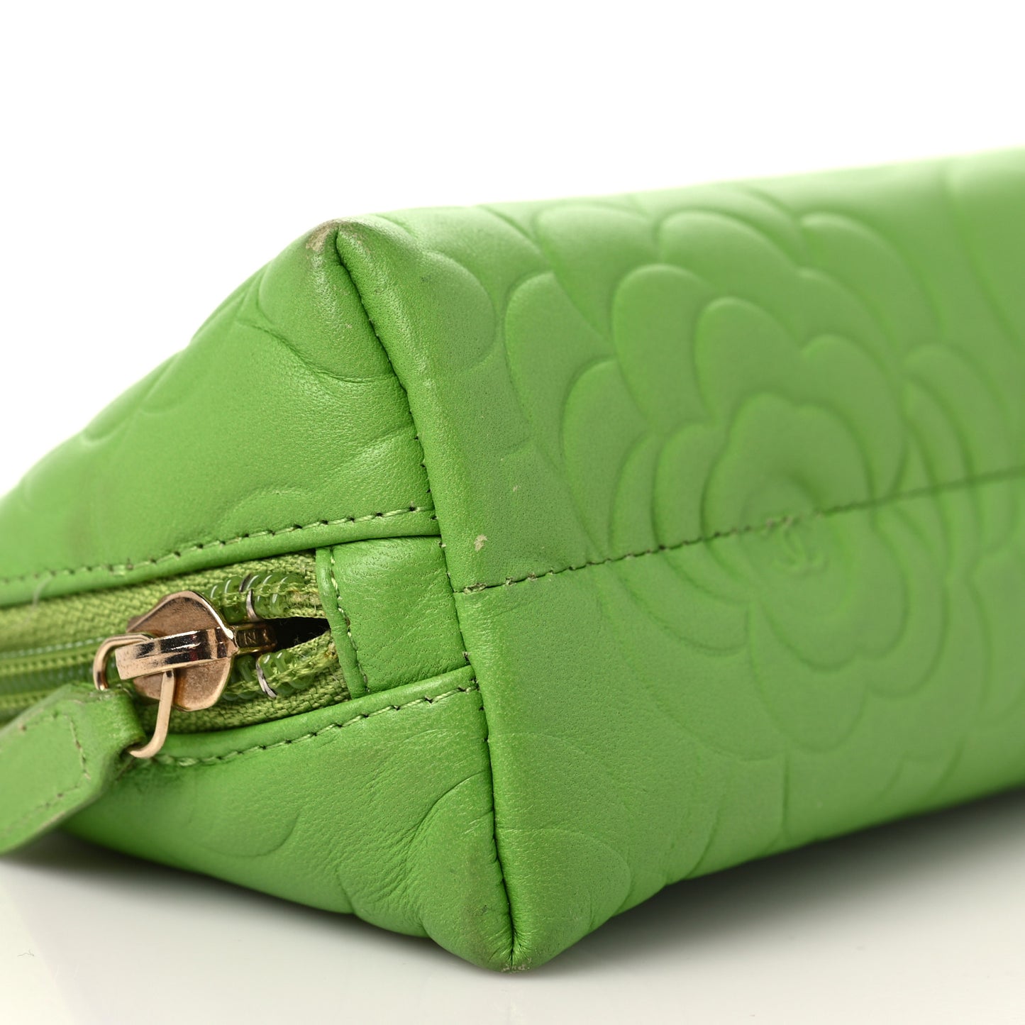 Lambskin Camellia Embossed Cosmetic Case Green