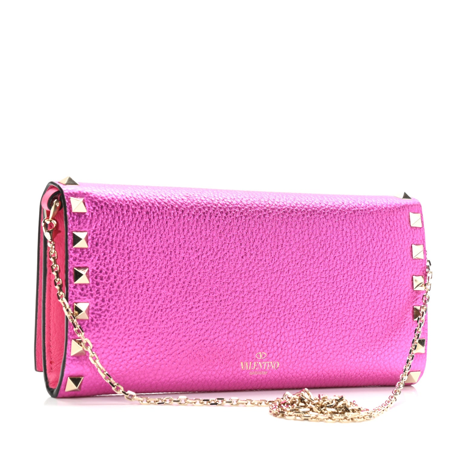 Valentino Garavani Metallic Pebbled Calfskin Rockstud Flap Wallet On Chain Peony 3 of 8