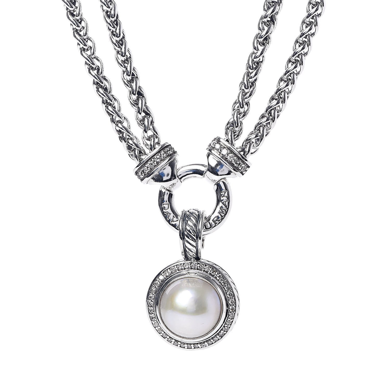 Sterling Silver Diamond Pearl Double Wheat Chain Pendant Necklace