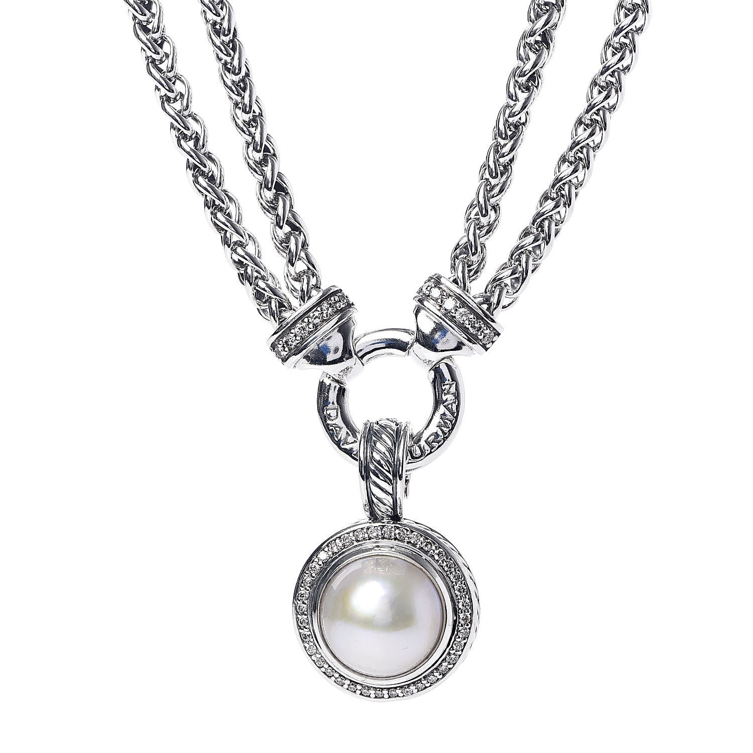 David Yurman Sterling Silver Diamond Pearl Double Wheat Chain Pendant Necklace 4 of 6
