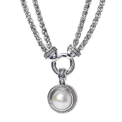 David Yurman Sterling Silver Diamond Pearl Double Wheat Chain Pendant Necklace 4 of 6