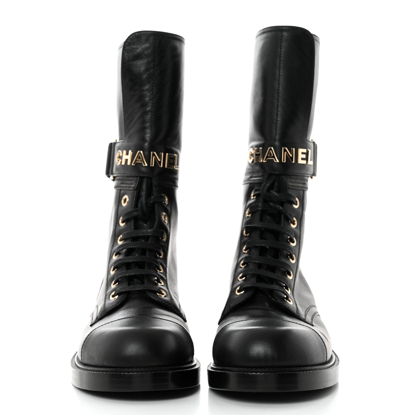 Shiny Calfskin Lace Up Combat Boots 40 Black