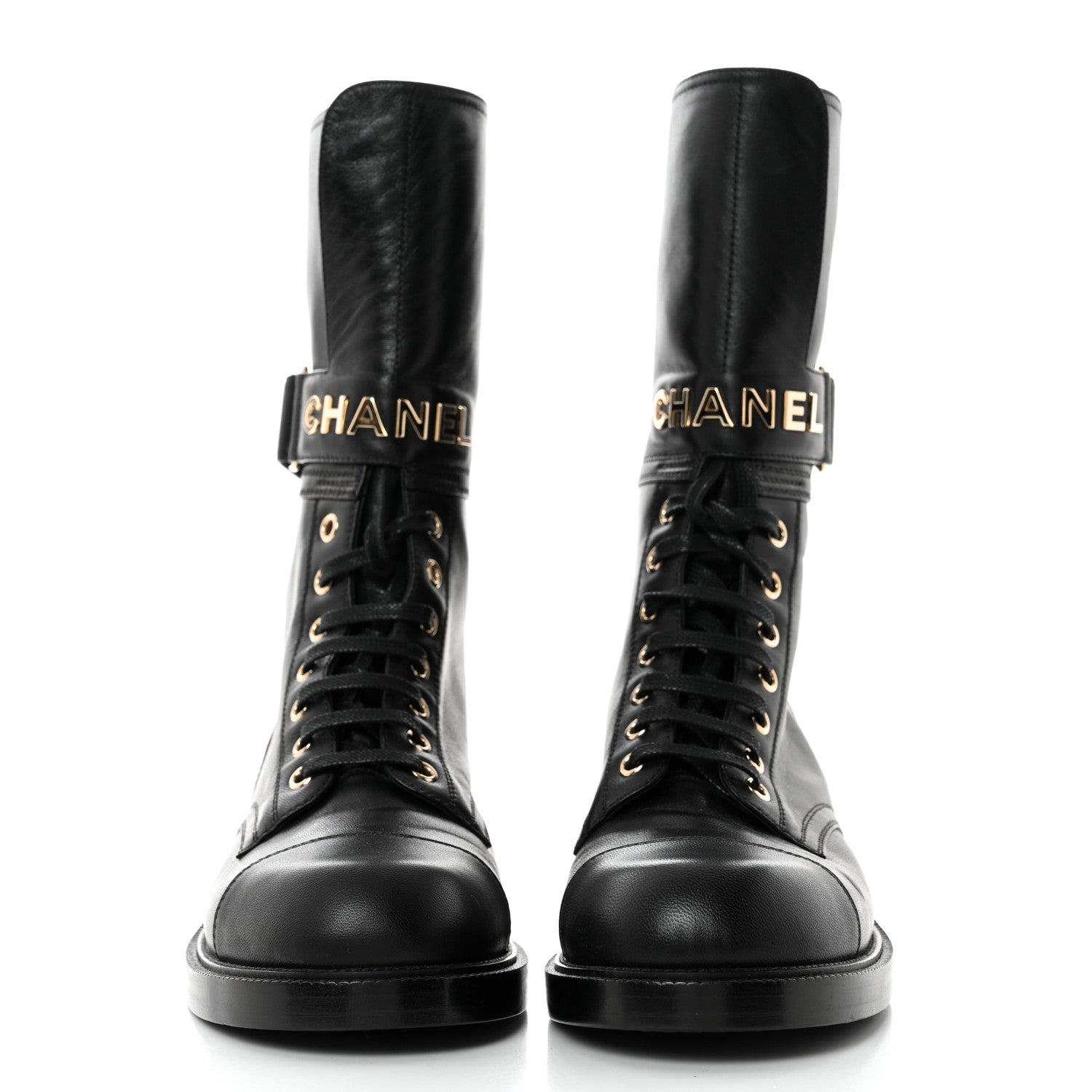 Chanel Shiny Calfskin Lace Up Combat Boots 40 Black 2 of 8