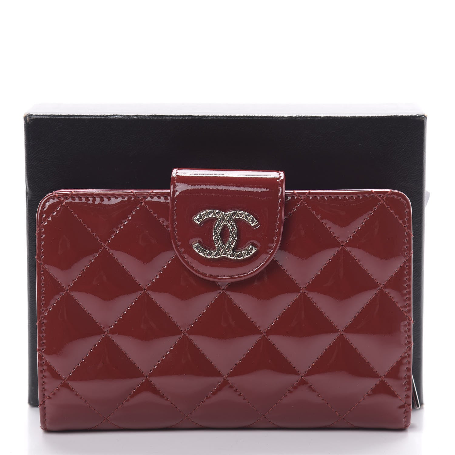 Chanel Patent Quilted Brilliant Zipped Pocket Wallet Dark Red 10 of 10