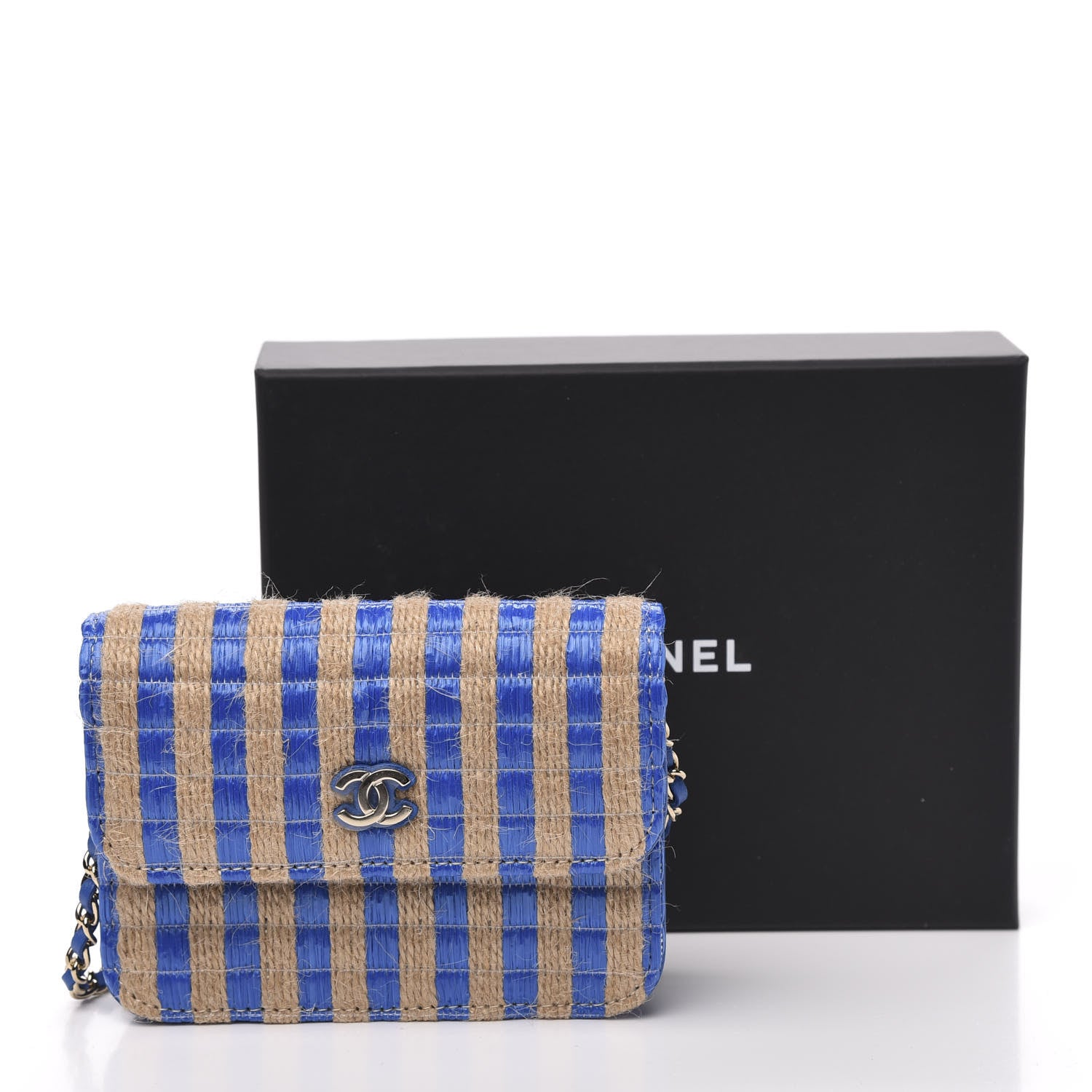Chanel Raffia Jute Striped Belt Bag Blue Beige 10 of 10