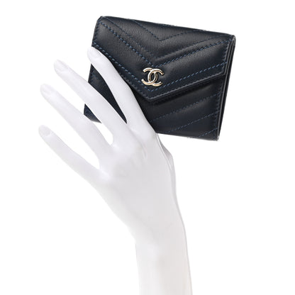 Chanel Goatskin Chevron Quilted Card Holder Flap Wallet Blue 2 of 9