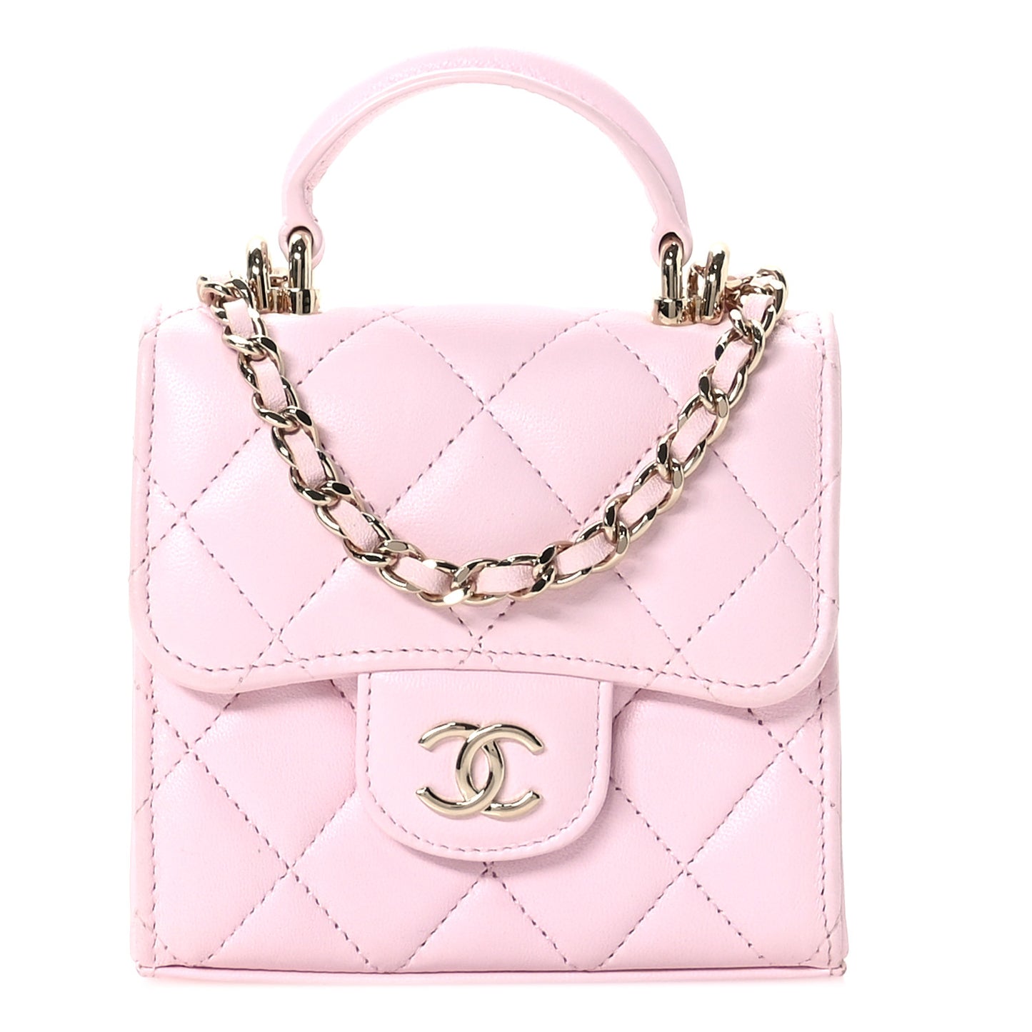 Lambskin Quilted Top Handle Clutch With Chain Light Pink