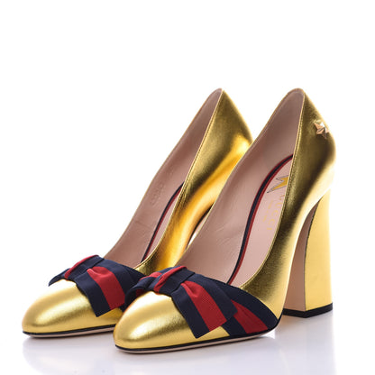 Gucci Malaga Kid Web Bow Pumps 36.5 Oro 3 of 8