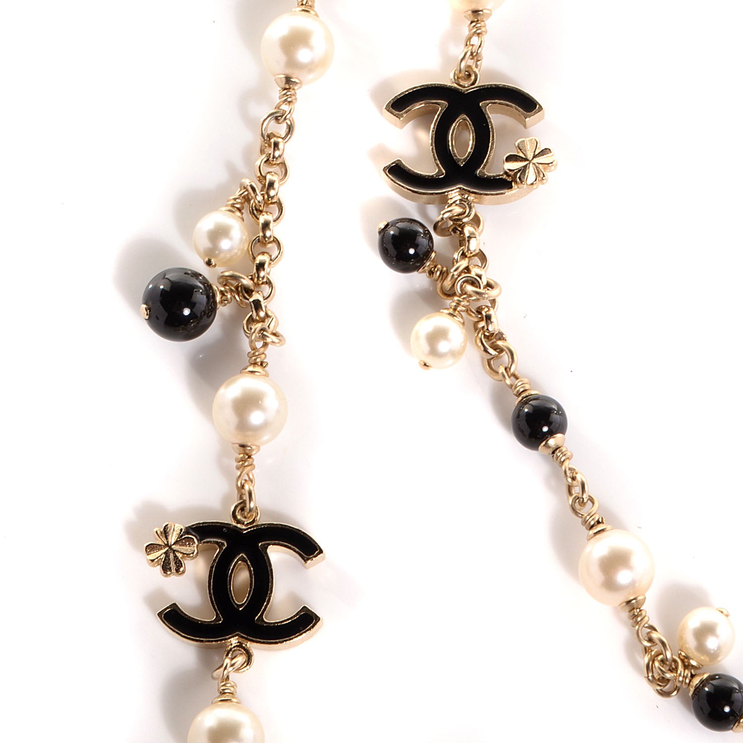 Chanel Pearl Beaded Clover CC Long Double Strand Necklace Black Gold 3 of 6