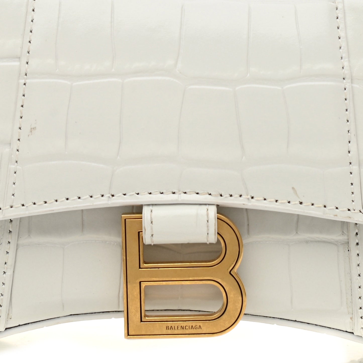 Shiny Calfskin Crocodile Embossed Hourglass Top Handle Bag XS White