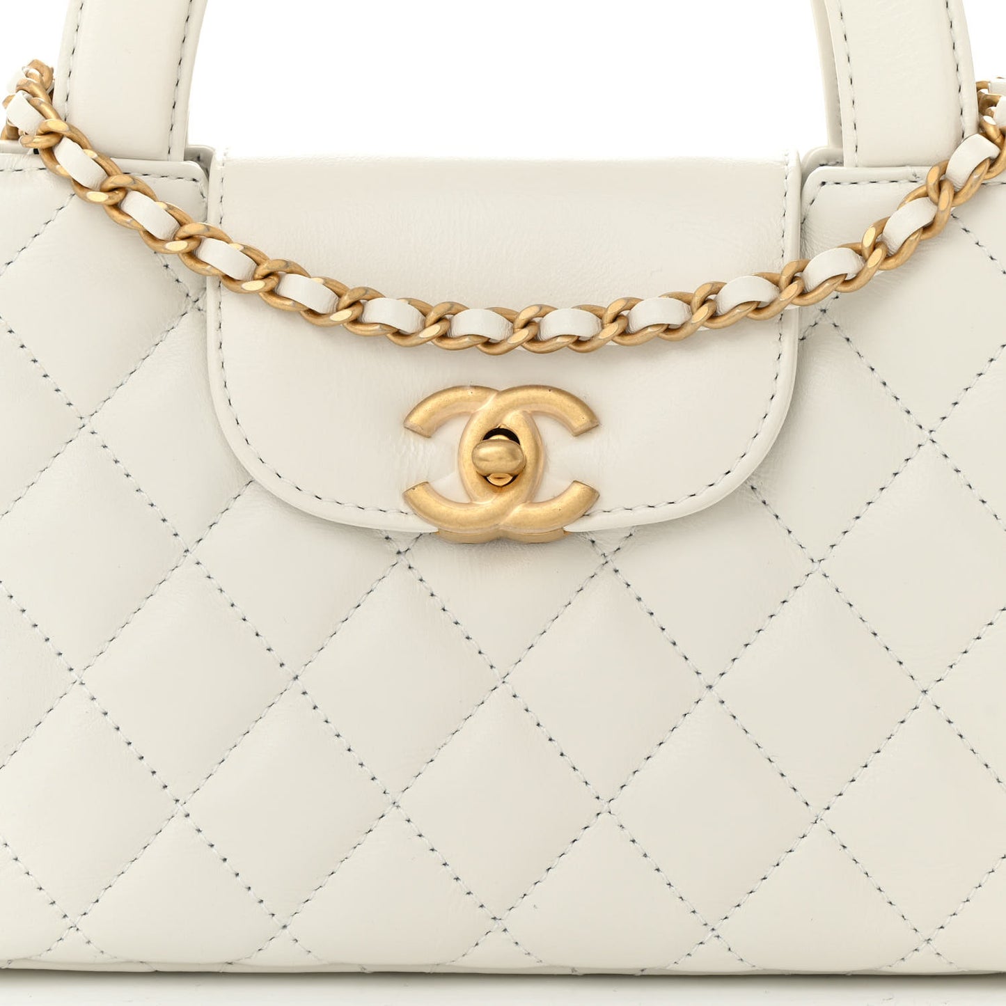 Shiny Aged Calfskin Quilted Nano Kelly Shopper White