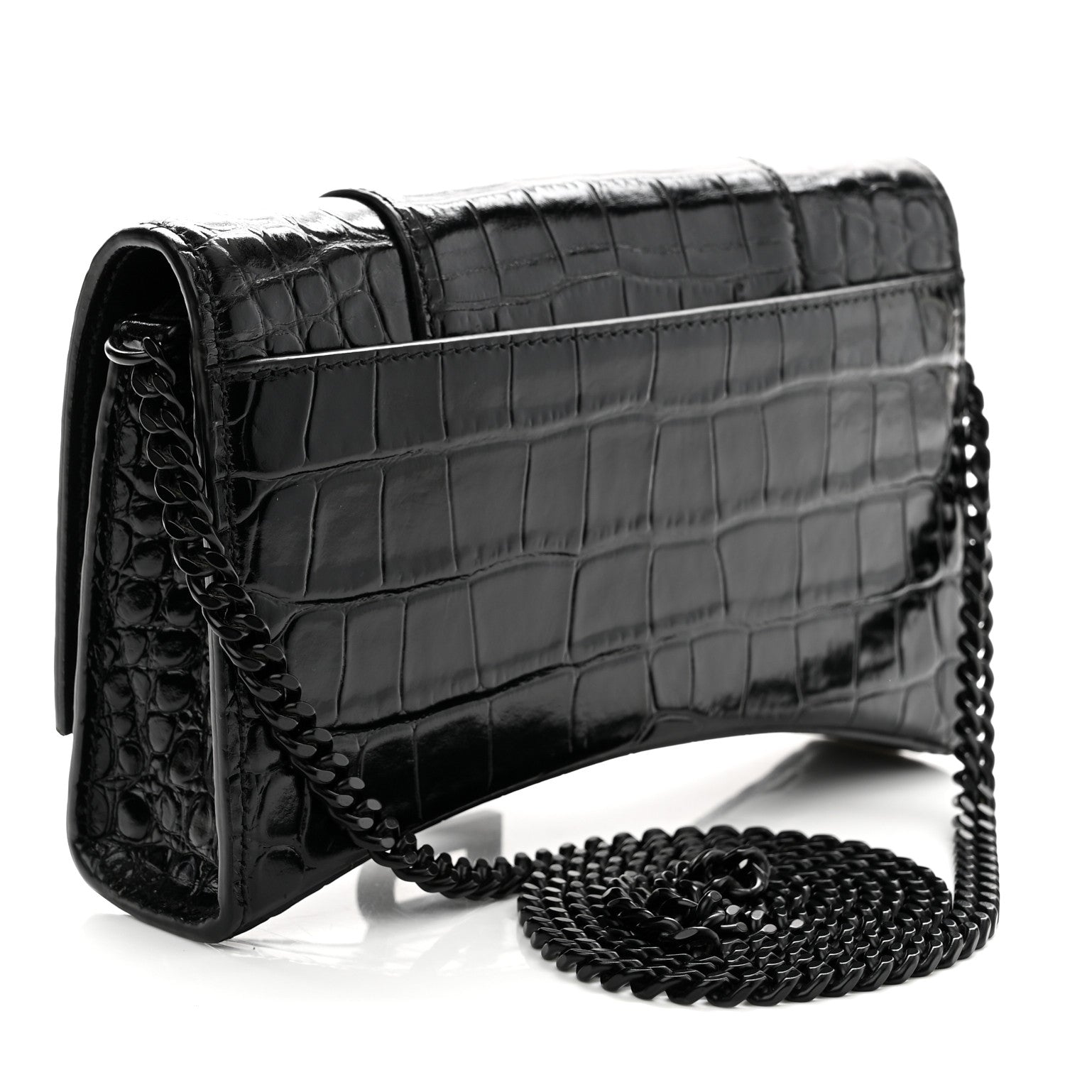 Balenciaga Shiny Calfskin Monochrome Crocodile Embossed Hourglass Chain Bag Black 3 of 10