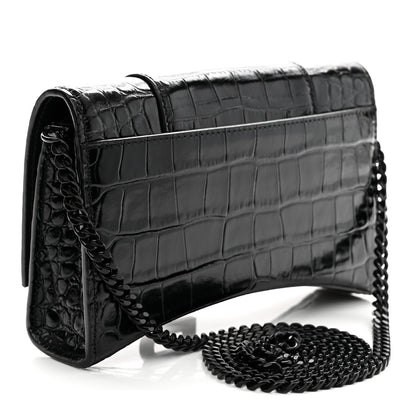Balenciaga Shiny Calfskin Monochrome Crocodile Embossed Hourglass Chain Bag Black 3 of 10