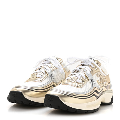 Chanel Fabric Laminated Calfskin Stretch CC Sneakers 38 White Gold Silver 4 of 9