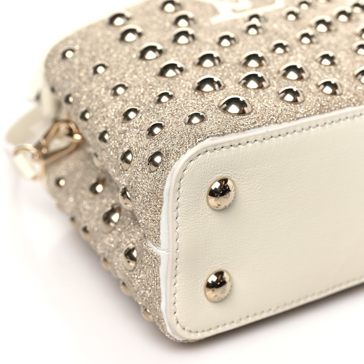 Calfskin Satin Lurex Brass Embroidered Mini Spheres Capucines Beige