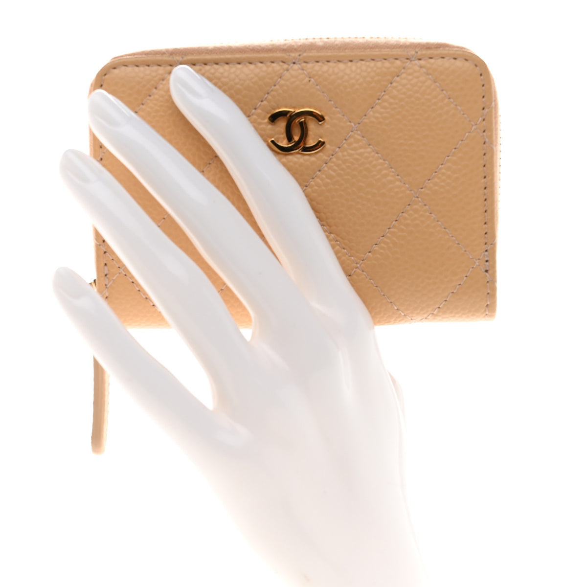 Caviar Quilted Zip Around Coin Purse Beige