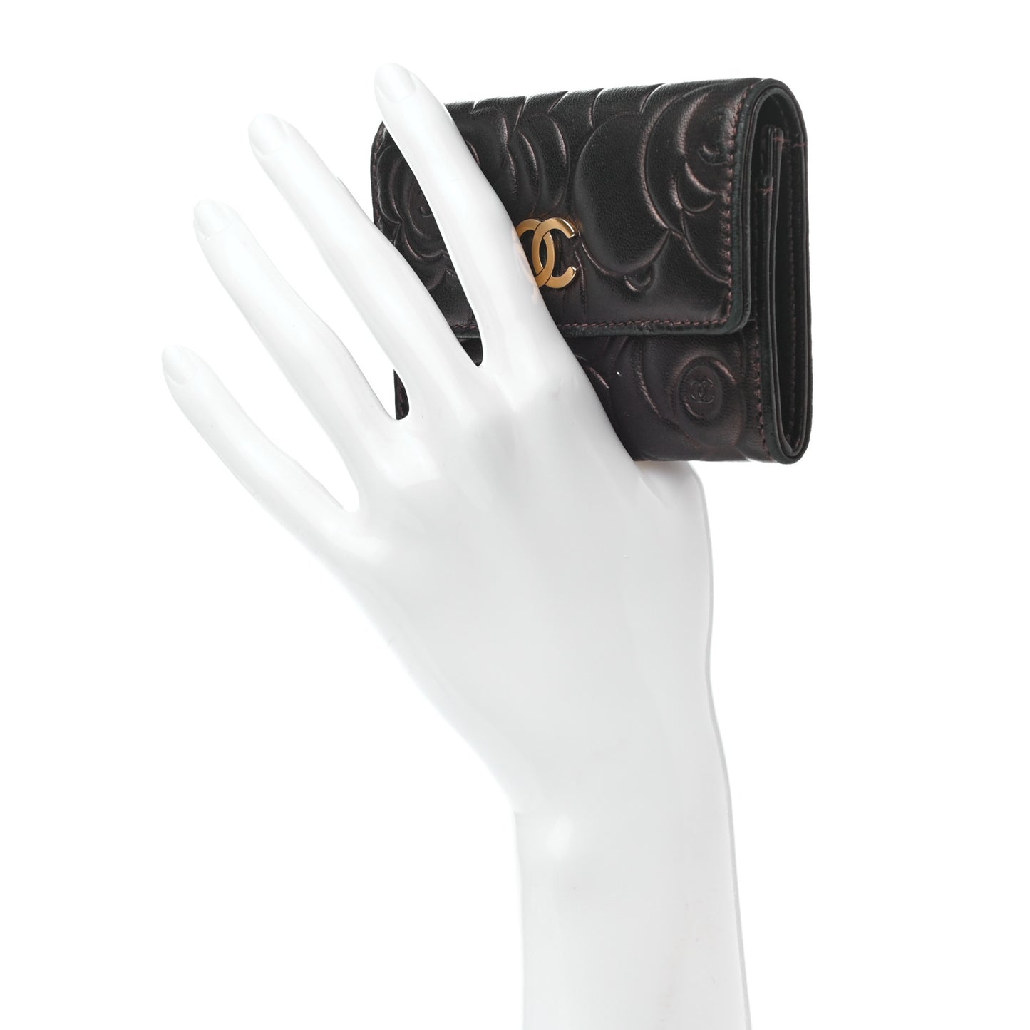 Metallic Goatskin Camellia Embossed Flap Card Holder Wallet Brown