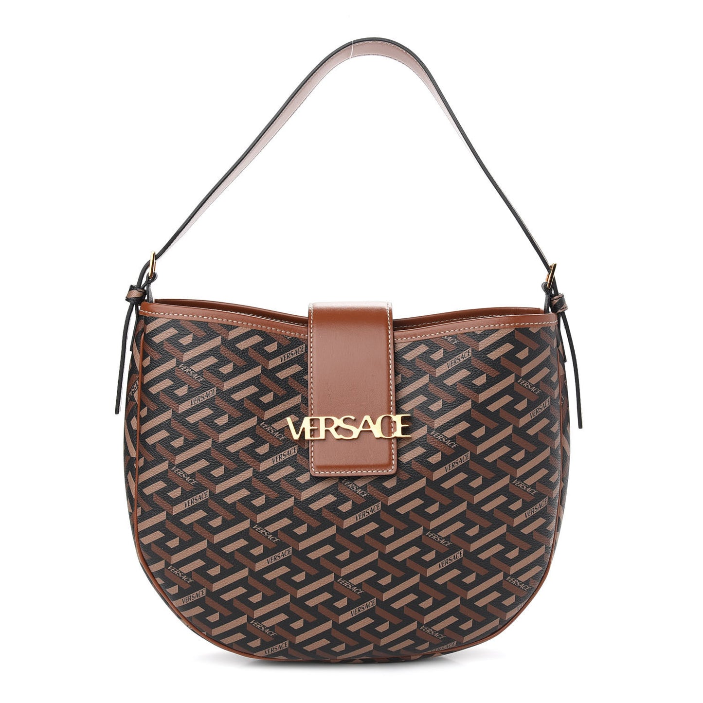 Coated Canvas Calfskin La Greca Signature Shoulder Bag Black Caramel