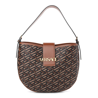 Versace Coated Canvas Calfskin La Greca Signature Shoulder Bag Black Caramel 1 of 8