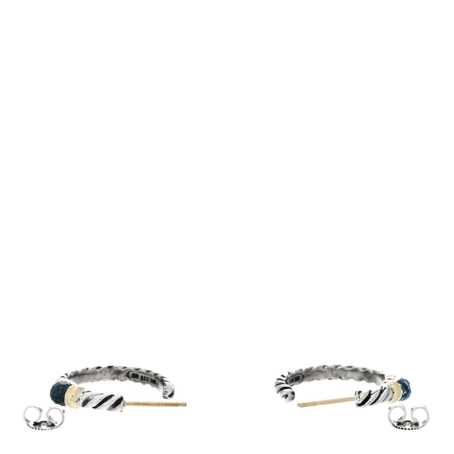 David Yurman Sterling Silver 14K Yellow Gold Blue Topaz Metro Hoop Earrings 3 of 4