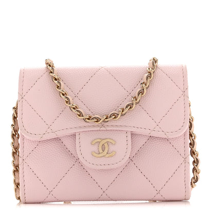 Chanel Caviar Quilted Flap Card Holder On Chain Pink 1 of 12