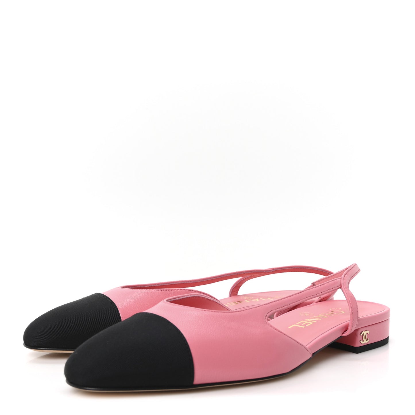 Calfskin Grosgrain Cap Toe CC Slingback Flats 36.5 Pink Black