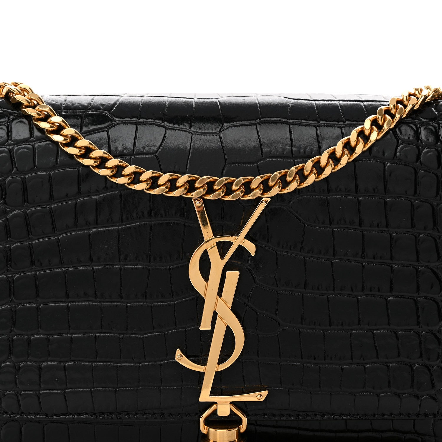 Saint Laurent Calfskin Crocodile Embossed Small Classic Monogram Kate Tassel Satchel Black 8 of 10