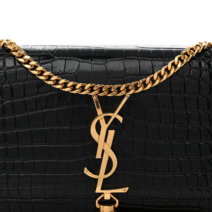 Saint Laurent Calfskin Crocodile Embossed Small Classic Monogram Kate Tassel Satchel Black 8 of 10
