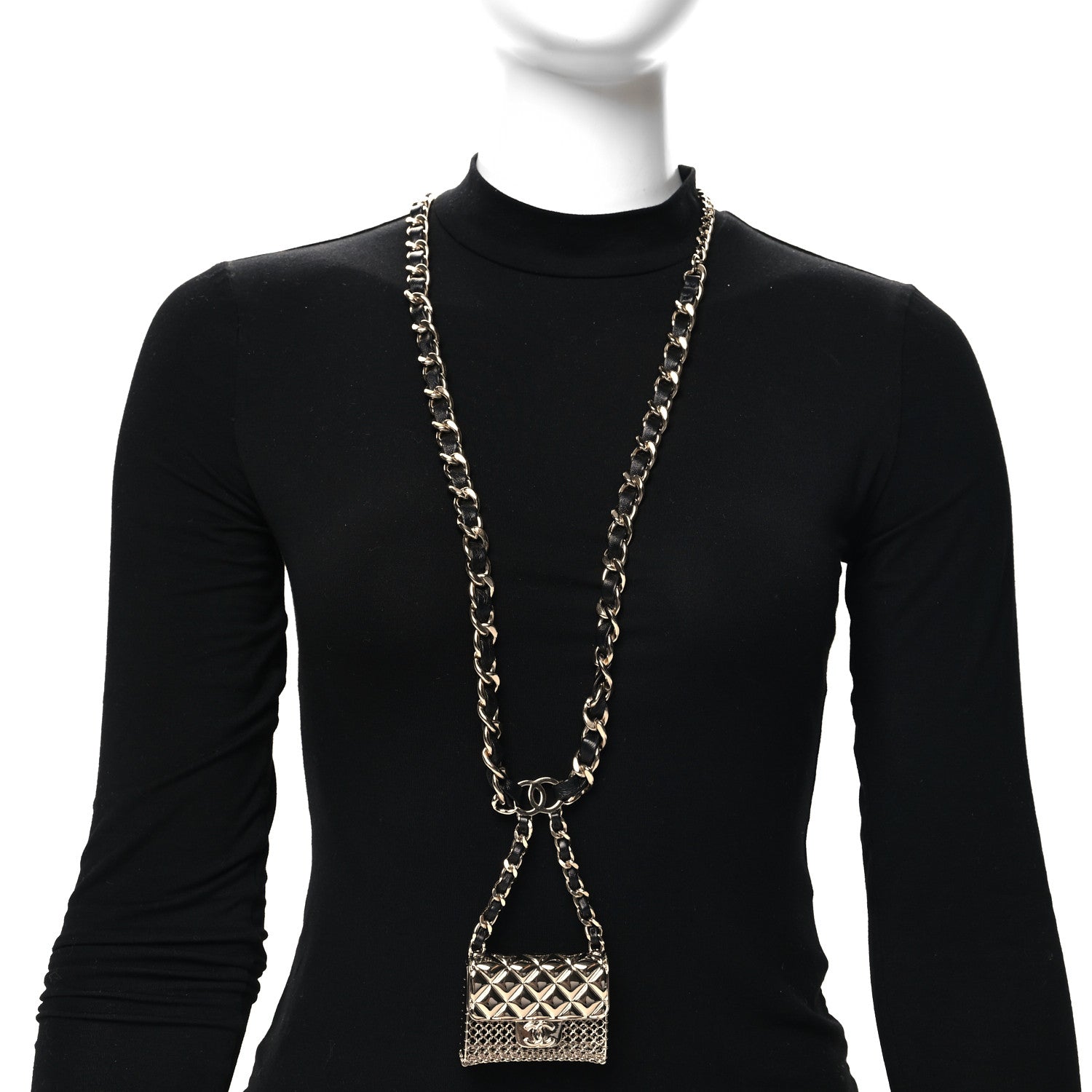 Chanel Metal Lambskin Chain Flap Bag Long Necklace Gold Black 2 of 5