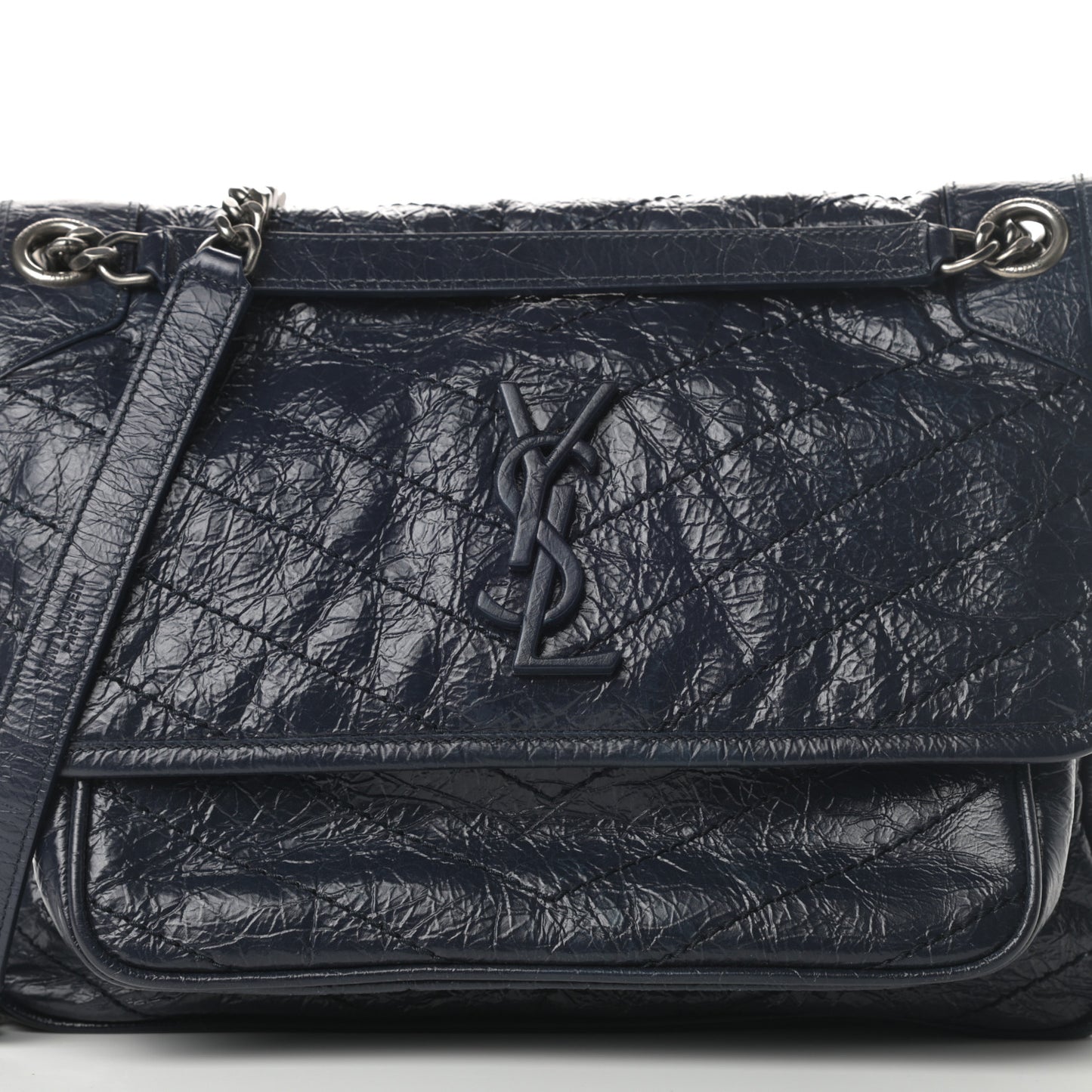 Crinkled Calfskin Matelasse Monogram Medium Niki Chain Satchel Deep Marine