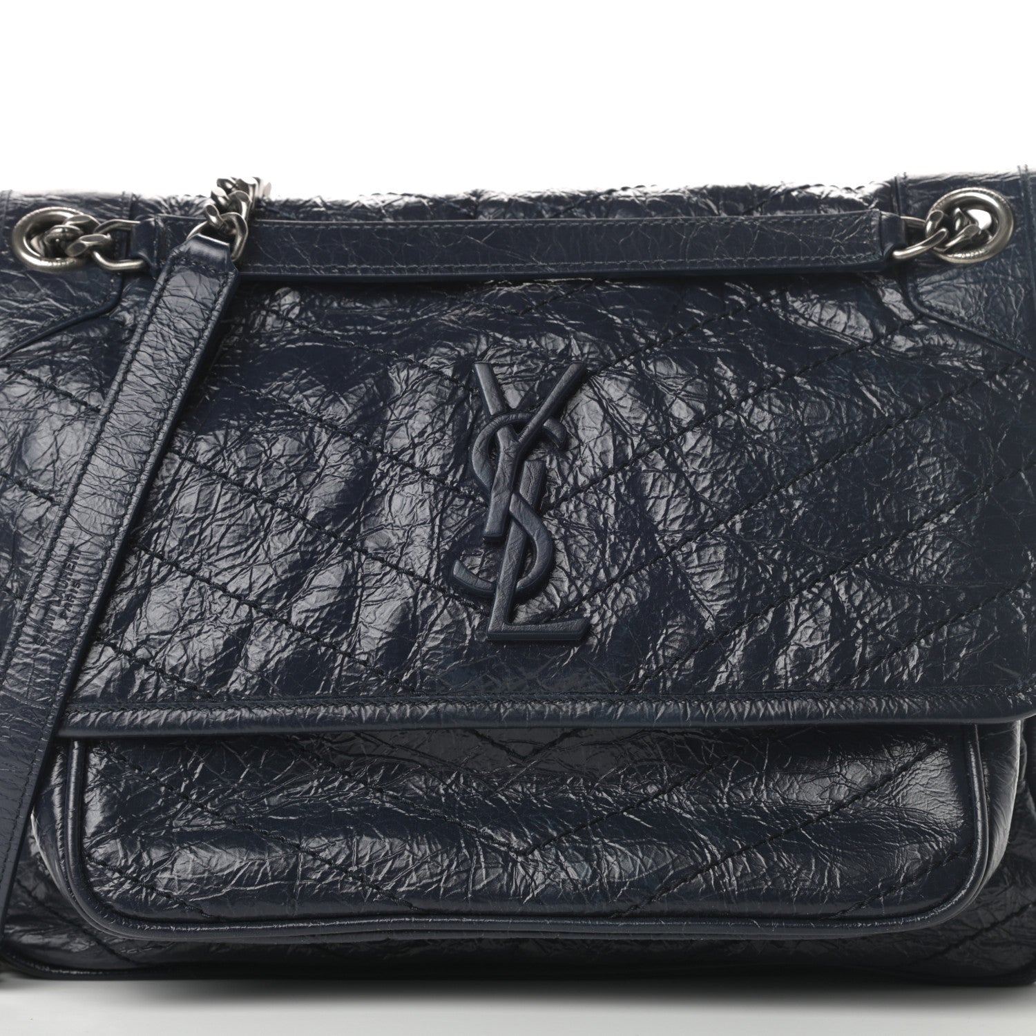Saint Laurent Crinkled Calfskin Matelasse Monogram Medium Niki Chain Satchel Deep Marine 8 of 10