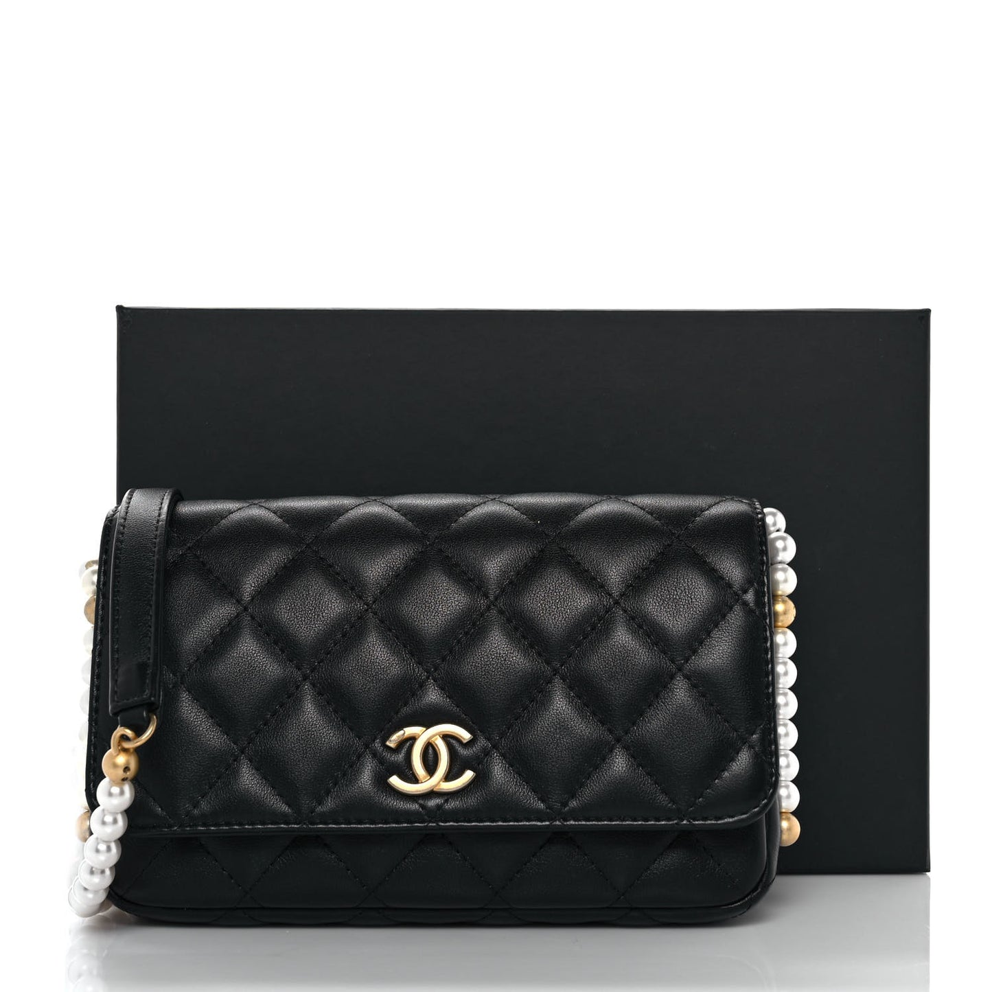 Calfskin Quilted Pearl Wallet On Chain WOC Black
