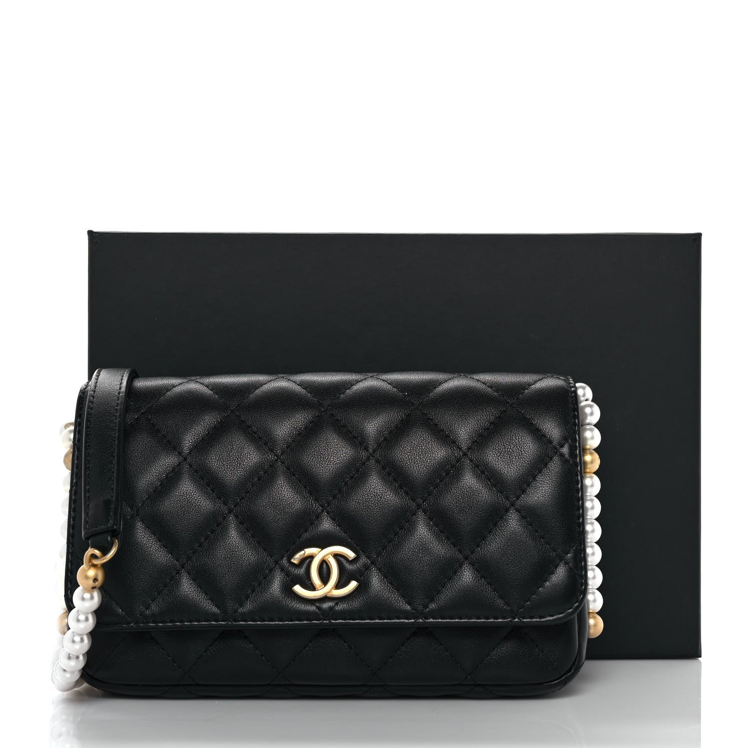 Chanel Calfskin Quilted Pearl Wallet On Chain WOC Black 10 of 10