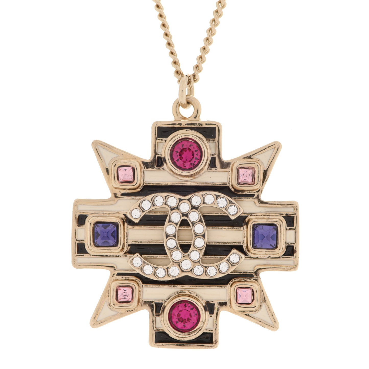 Crystal Enamel Stripe CC Pendant Necklace Gold Multicolor