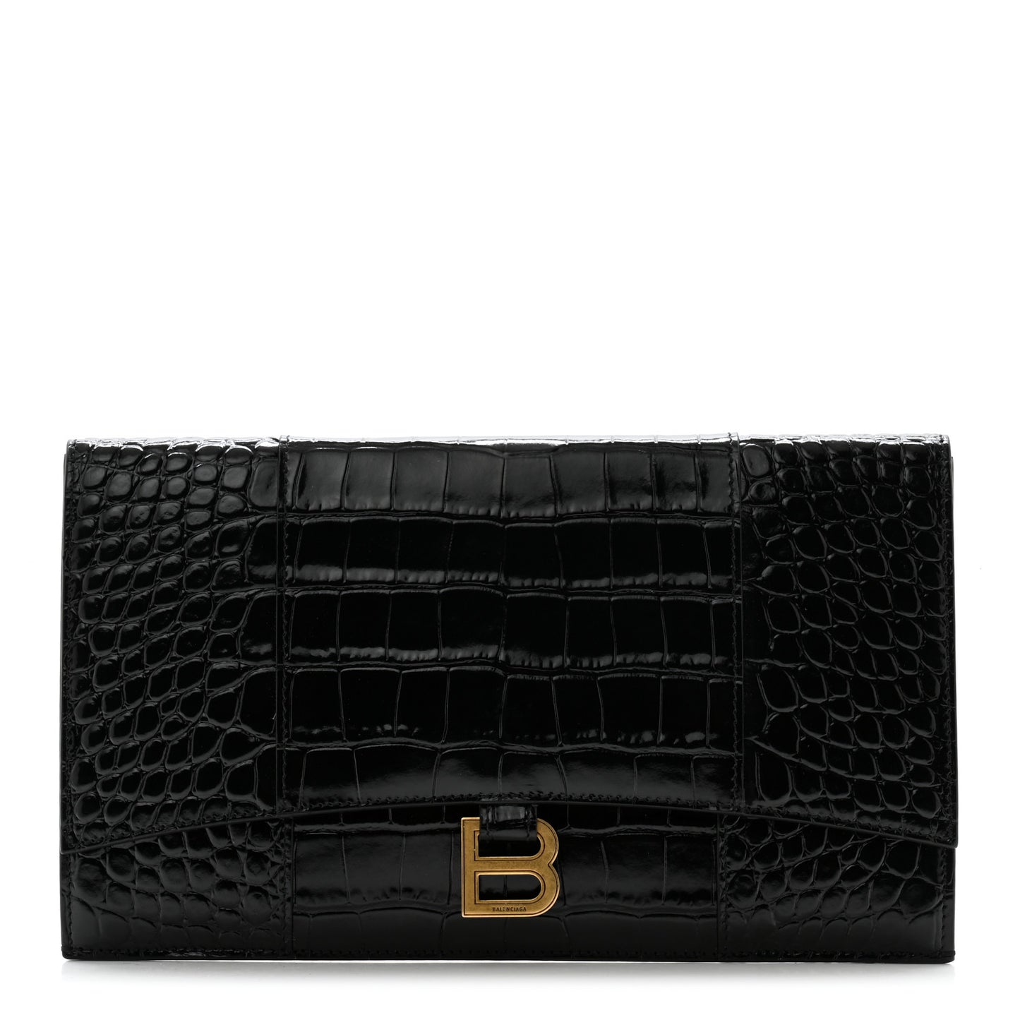 Shiny Calfskin Crocodile Embossed Hourglass Flap Flat Pouch Black