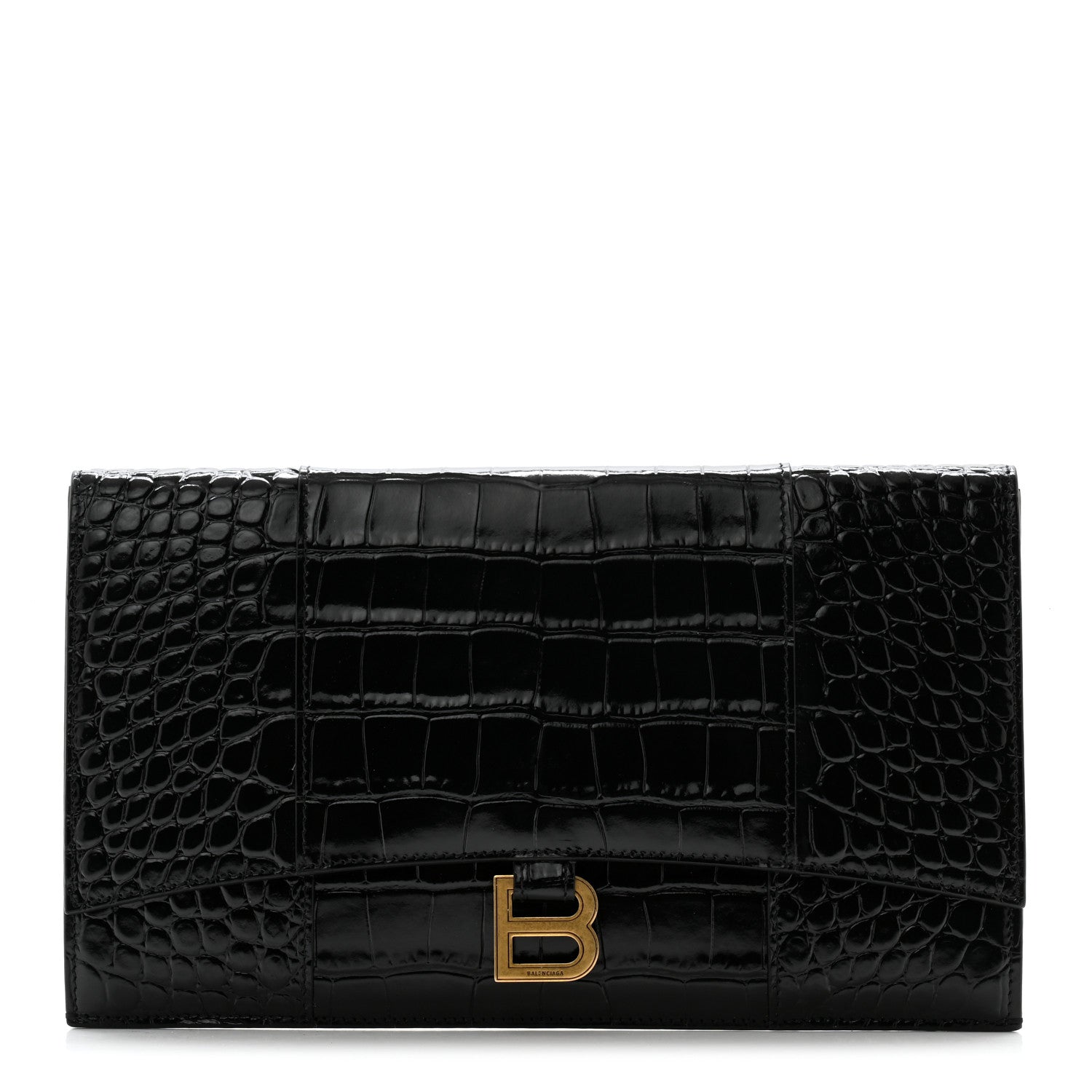 Balenciaga Shiny Calfskin Crocodile Embossed Hourglass Flap Flat Pouch Black 1 of 9