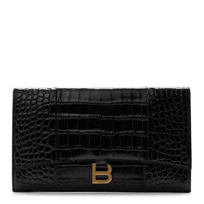 Balenciaga Shiny Calfskin Crocodile Embossed Hourglass Flap Flat Pouch Black 1 of 9