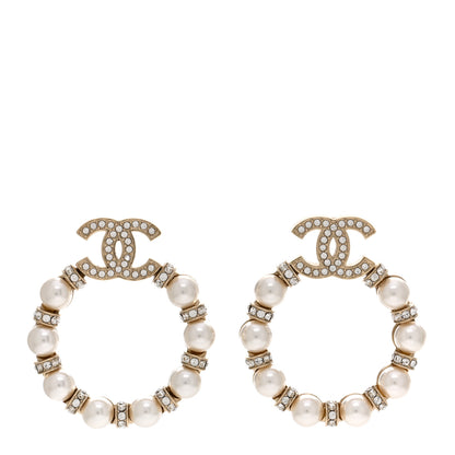 Chanel Pearl Crystal Nefertiti CC Drop Earrings Gold 1 of 5