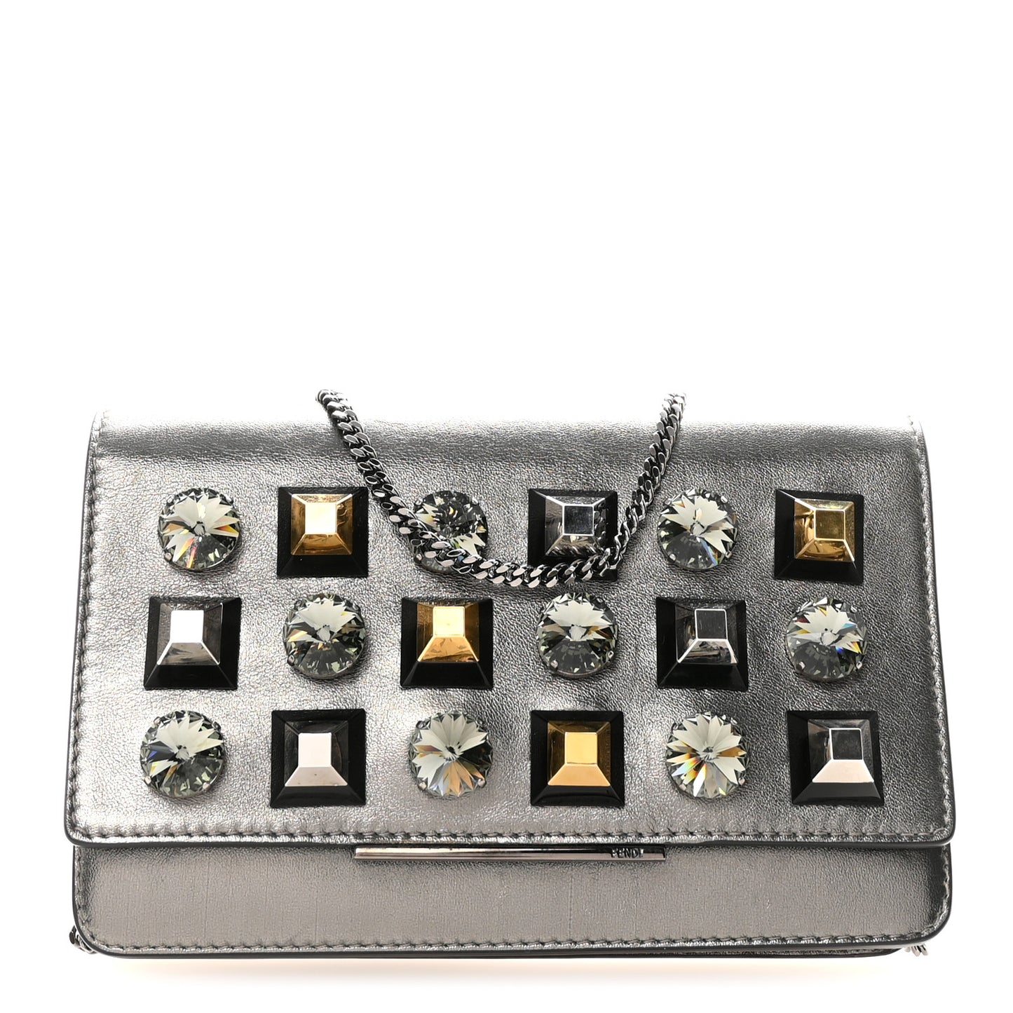 Glossy Calfskin Crystal Studded Tube Wallet On Chain Graphite
