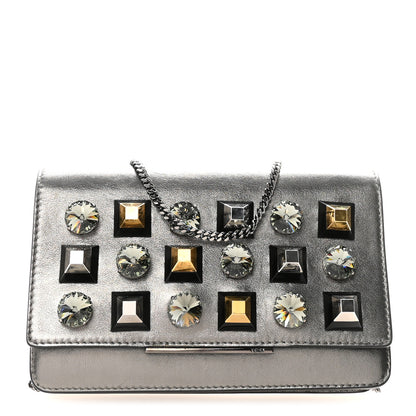Fendi Glossy Calfskin Crystal Studded Tube Wallet On Chain Graphite 1 of 9