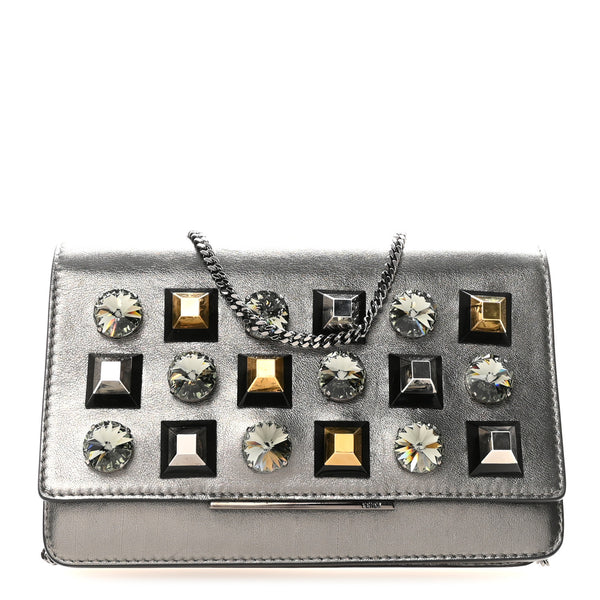 Fendi Glossy Calfskin Crystal Studded Tube Wallet On Chain