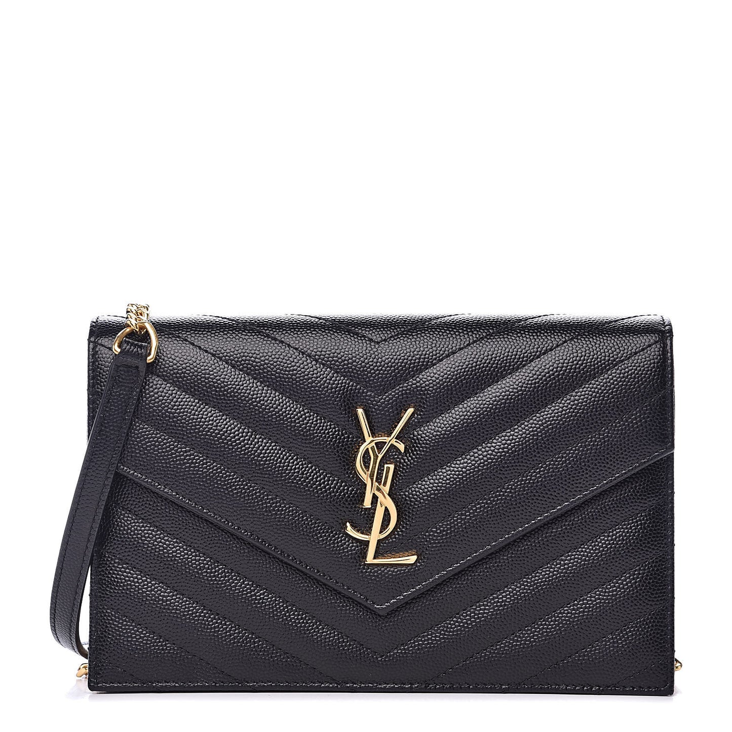 Grain De Poudre Matelasse Chevron Monogram Envelope Chain Wallet Black