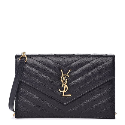 Saint Laurent Grain De Poudre Matelasse Chevron Monogram Envelope Chain Wallet Black 1 of 8