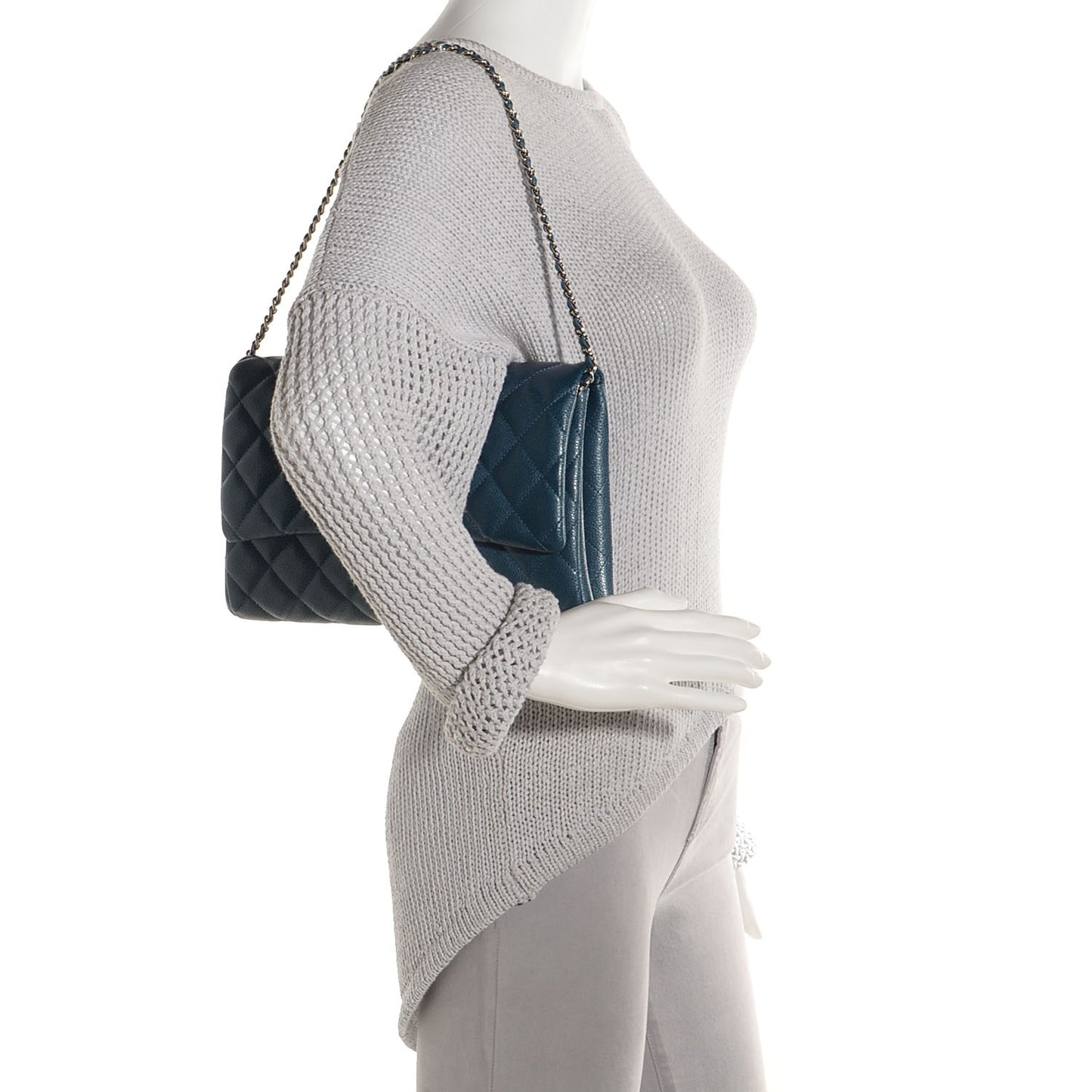 Iridescent Caviar Quilted Clutch With Chain Flap Blue