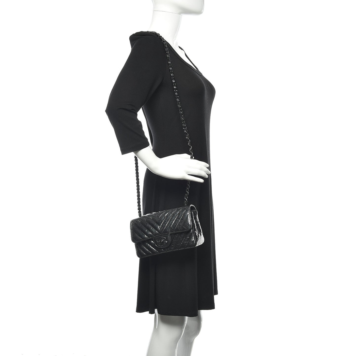 Patent Metallic Crumpled Calfskin Chevron Quilted Mini Rectangular Flap So Black