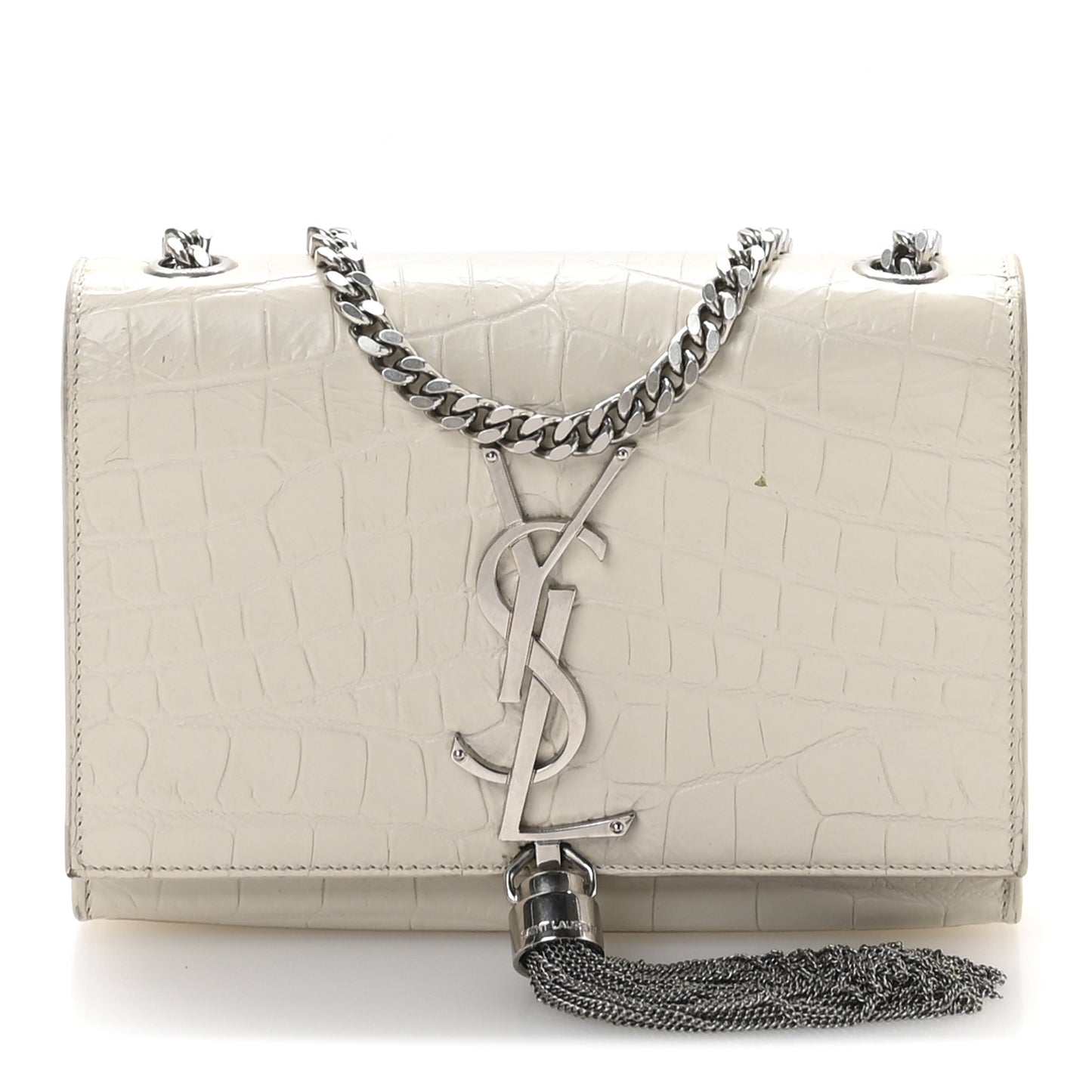 Calfskin Crocodile Embossed Small Classic Monogram Kate Tassel Satchel  Crema Soft
